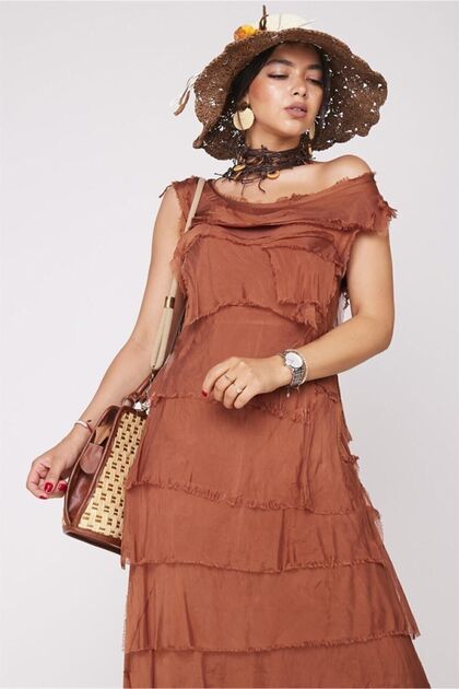 Bohem Stil Cinnamon Italian Size 2 Slim Layered Silk Dress- Trendyol Bohem Stil Cinnamon Italian Size 2 Slim Layered Silk Dress- Trendyol