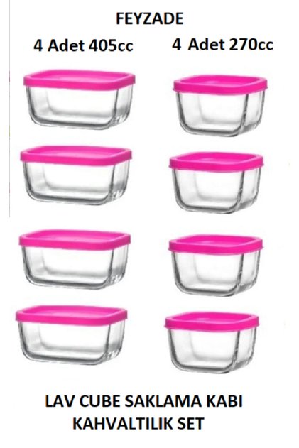 Feyzade Cube Breakfast Storage Container Set with Pink Lid (4 Pcs 405Cc - 4 Pcs 270Cc)