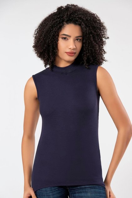 Weweus Navy Blue Zero-Sleeve High-Neck Ribbed Look Body T-Shirt Suitable for Hijab Wear 2112