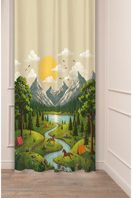 Bohemian Forest Nature Tree Lake River Mountain Sun Cloud Digital Printed Custom Design (Single Wing) Background Curtain