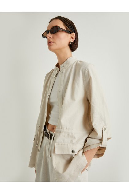Seasonal Jacket Linen Blended Stand Collar Snap Closure Folded Sleeves