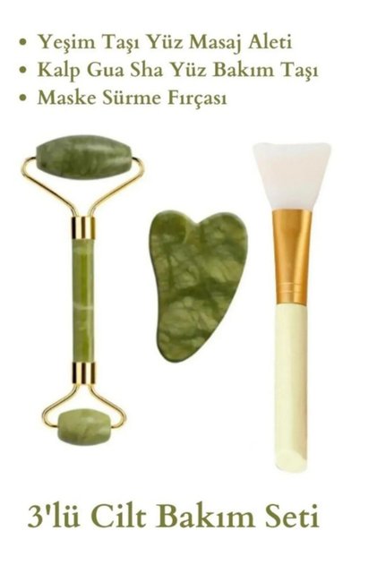 %100 Doğal Yeşim Taşı Masaj Aleti Kalp Gua Sha Yüz Bakım Taşı Maske Sürme Fırçası 3'lü Set