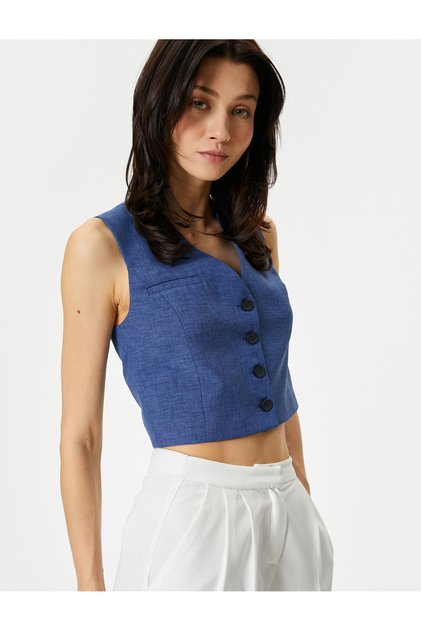 Crop Vest V-Neck Buttoned Fleto Pocket