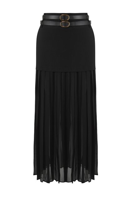 Schwarzer, plissierter, gewebter Rock aus Chiffon in limitierter Auflage mit Gürtel TWOSS25ET00108