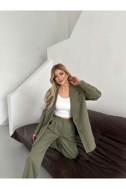 Women's Khaki Button Detail Blazer Jacket Pants Suit