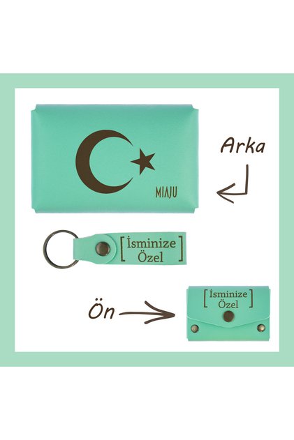 Light Green, Crescent and Star Patterned, Personalized Wallet and Keychain Set, Precious Gift for a Friend