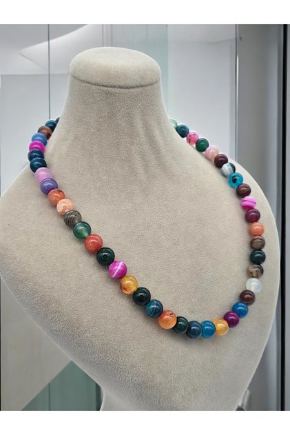 Evil Eye, Real Mixed Agate Natural Stone Necklace 8 mm (Gift, Valentine's Day, Mother's Day)