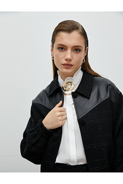 Tweed Bomber Jacket with Faux Leather Detail, Pockets, Buttons