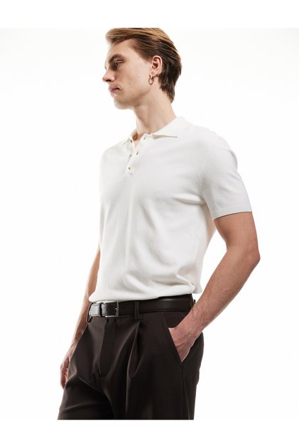 Buttoned Polo Collar Viscose Blended Short Sleeve Knitwear T-Shirt