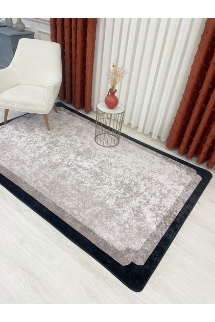 BEJ-SİYAH Çerçeve Kenarlı Modern Desenli Lateks Taban Halı