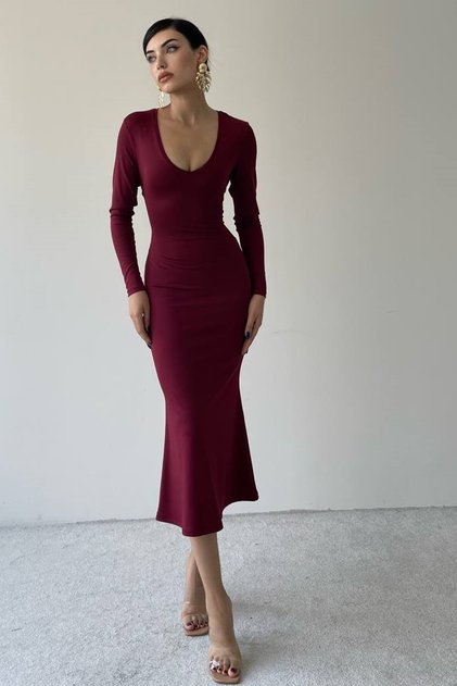 Women's Stretchy Sandy Fabric U-Neck Back Tie Detailed Burgundy Midi Dress 345