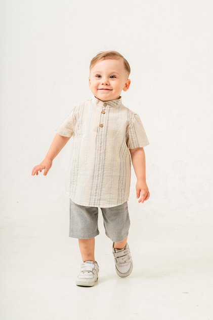 Stylish Shirted Striped Waist-Adjustable Short-Sleeve Shorts 2-Piece Set Children and Baby Clothing