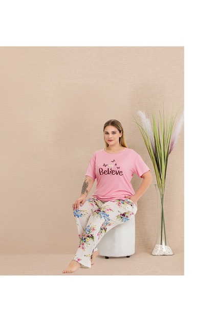 Short Sleeve Floral Oversize Women's Sleepwear Set 93% Cotton 7% Lycra
