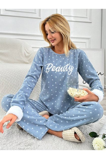 Embroidered Star Detailed Ribbed Women's Fleece Pajama Set Lmr005