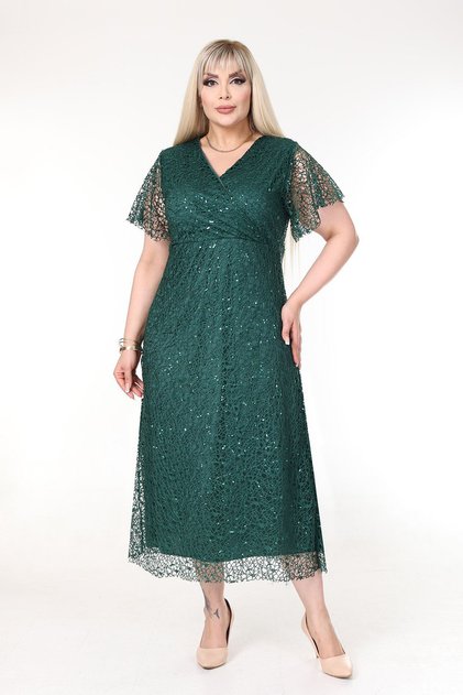 Rochie de seară mărime Plus, cu decolteu petrecut, cu paiete, verde, 11B-2637