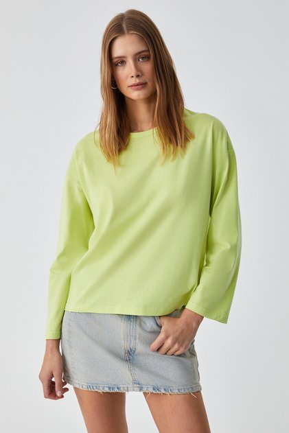 BASIL Kadını Oversize %100 Organik Pamuk Örme Uzun Kol Yeşil T-Shirt