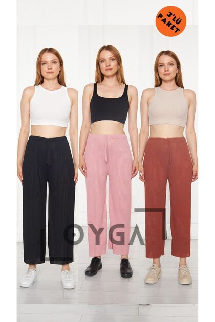 3-Piece Black - Powder - Tile Women's Ribbed Report Pants & Sweatpants, Casual Home Wear Pajamas