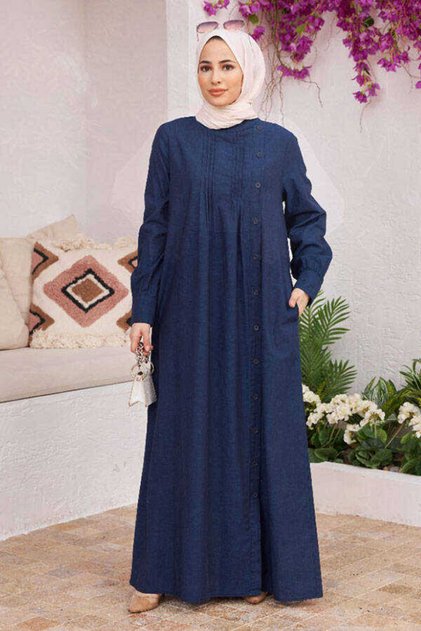 6508-Denim Yandan Düğmeli Ferace Lacivert