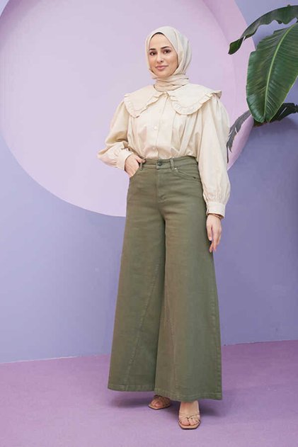 1162-Parça Boyalı Denim Pantolon Haki