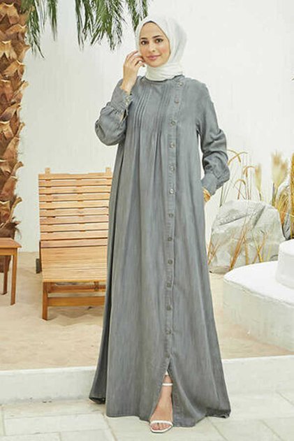 6508-Denim Yandan Düğmeli Ferace Gri