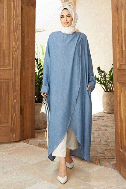 6394-Denim Standart Salaş Tunik Mavi