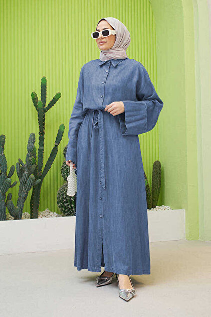 Neways 6596-Denim Düğmeli Süs Kuşaklı Abaya Koyu Mavi - Fiyatı
