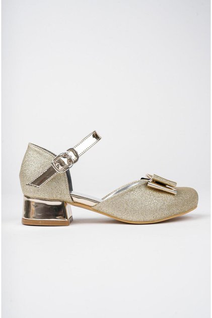 Girl's Gold Yellow Evening Dress Glitter Sand Detailed Bow Shoes