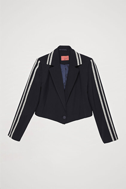 トップス kazu Quzu Yazı Şeritli Tek Düğmeli Crop Blazer Ceket Lacivert - Fiyatı