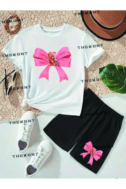 Pink Ribbon Printed Tshirt-Shorts Bottom-Top Suit