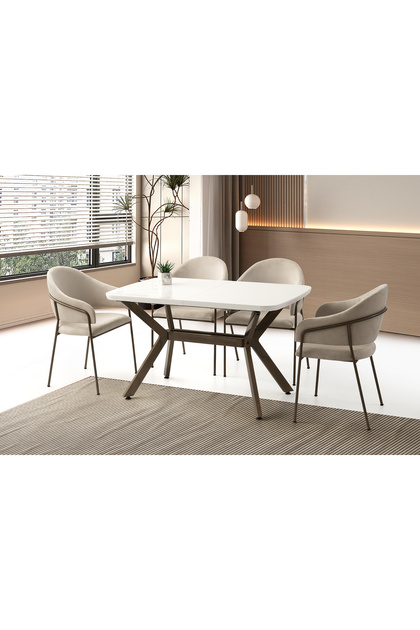 Anka Kar Beyaz HG Açılır 130X80 Masa 4 Kişilik Babyface Kumaş Metal Evrim Sandalye Masa Takımı