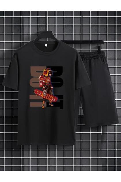 Bo Push Printed T-Shirt Short Wide Leg Comfortable Fit Black Bottom Black Top Short Set
