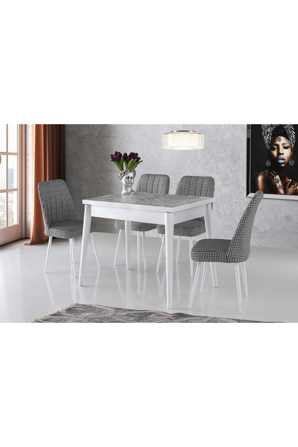 Dolunay Beyaz Mermer Desen Açılır 100X60 Masa Nil 4 Kişilik Kazayağı Kumaş Sandalye Masa Takımı