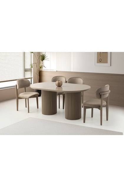 Orkide Cappicino HG Sabit 160X90 Masa 8 Kişilik B.Face Kumaş Ahşap Nergis Sandalye Masa Takımı