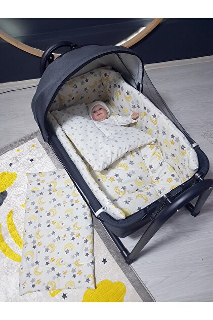 45x85 Keten Tenteli Portatif Beşik ve Uyku Seti - Anne Yanı Sallanır Bebek Beşiği