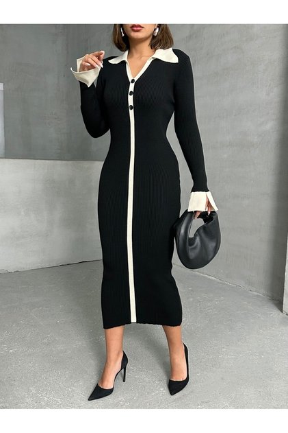 Rochie midi tricotată pentru femei, cu guler polo, detaliu elegant la mâneci, negru