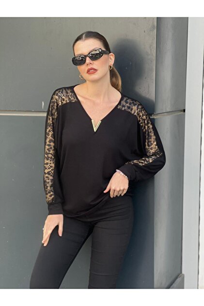 Women's Black Sleeves Leopard Detail V Neck Seasonal Viscous Blouse