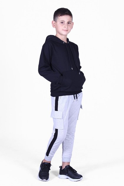 Plain Kangaroo Pocket Hooded Boy's Tracksuit Set