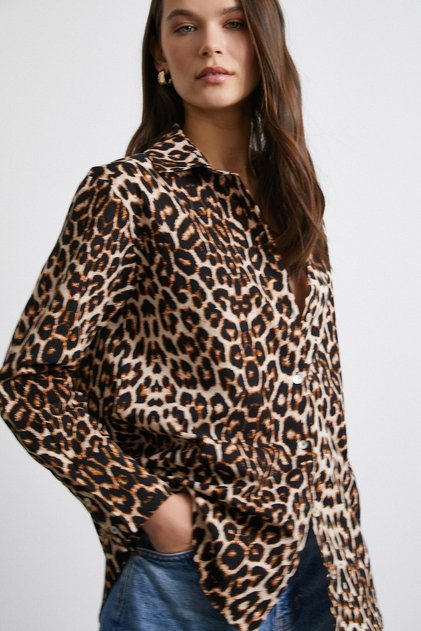 Bež boja Sa leopard dezenom Poplin košulja