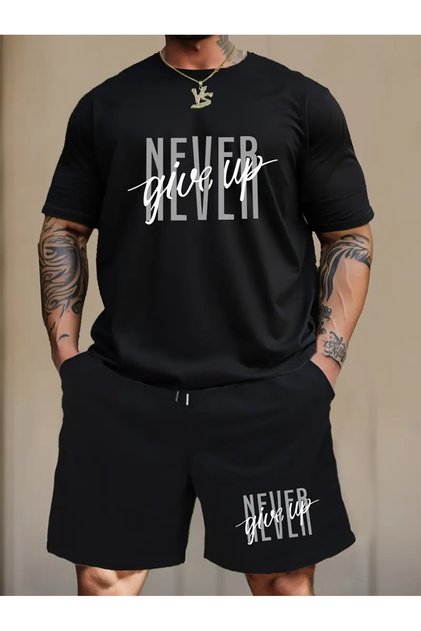 Never Give up Printed Unisex T-Shirt Shorts Bottom Top Suit