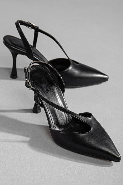 Women's Black Leather Classic Heeled Shoes Thin Heel Women's Kara Dadanlı Footwear