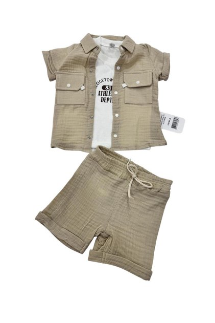Baby Boy Muslin Shirt T-Shirt Shorts Set/ Shirt - T-Shirt Shorts 3 Piece Set