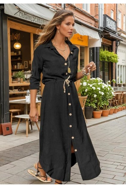 Women's Straw Belt Detailed Long Sleeve Gathered Waist Linen Shirt Dress Yb2837350