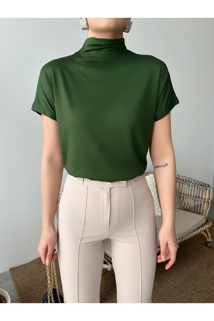 Women's Khaki Stem Neck Viscose Elasthan Fabric Off-Shoulder Blouse