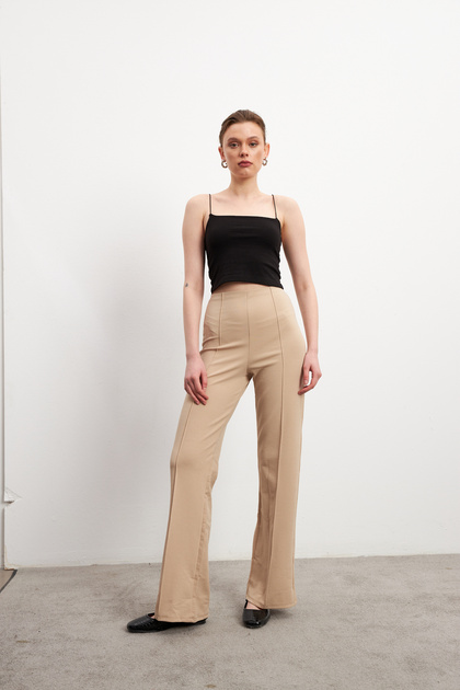Women's Cream High Waist Ribbed Stitched Flexible Trousers