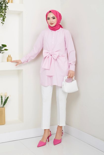 Striped Poplin Tie-Collar Shirt - Powder / Ü103