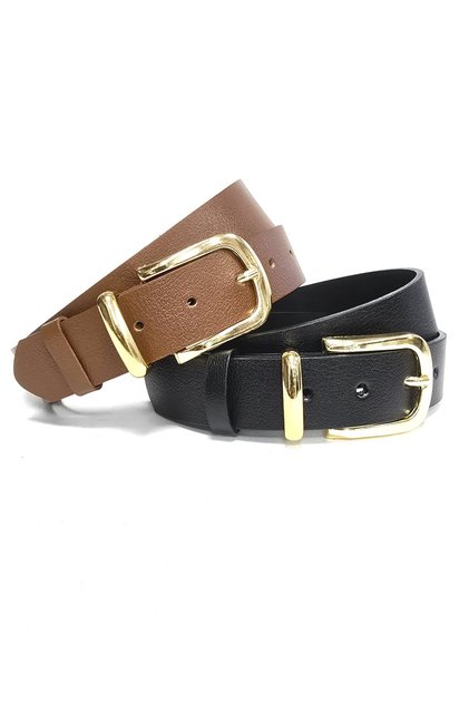 100 % echtes Leder, goldene Schnalle, 3,2 cm, Schwarz-Tan, 2-teiliges Gürtelset