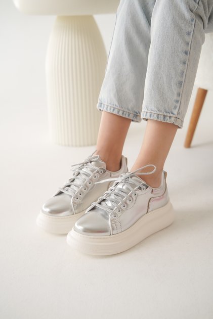 Kadın Kalın Taban Bağcıklı Sneaker Cona Gümüş