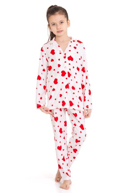 Girl's White Button Red Heart Suede Fabric Pajama Suit