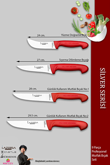 LAZBİSA Silver Pro Serisi Mutfak Bıçak Seti 9 Parça Et Ekmek Sebze