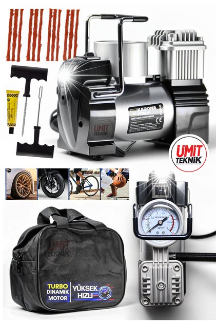 Metal Çantalı Aydınlatmalı Profesyonel 12v Çakmaklı 100 Psı Mini Hava Kompresörü Araç Kompresörü Set